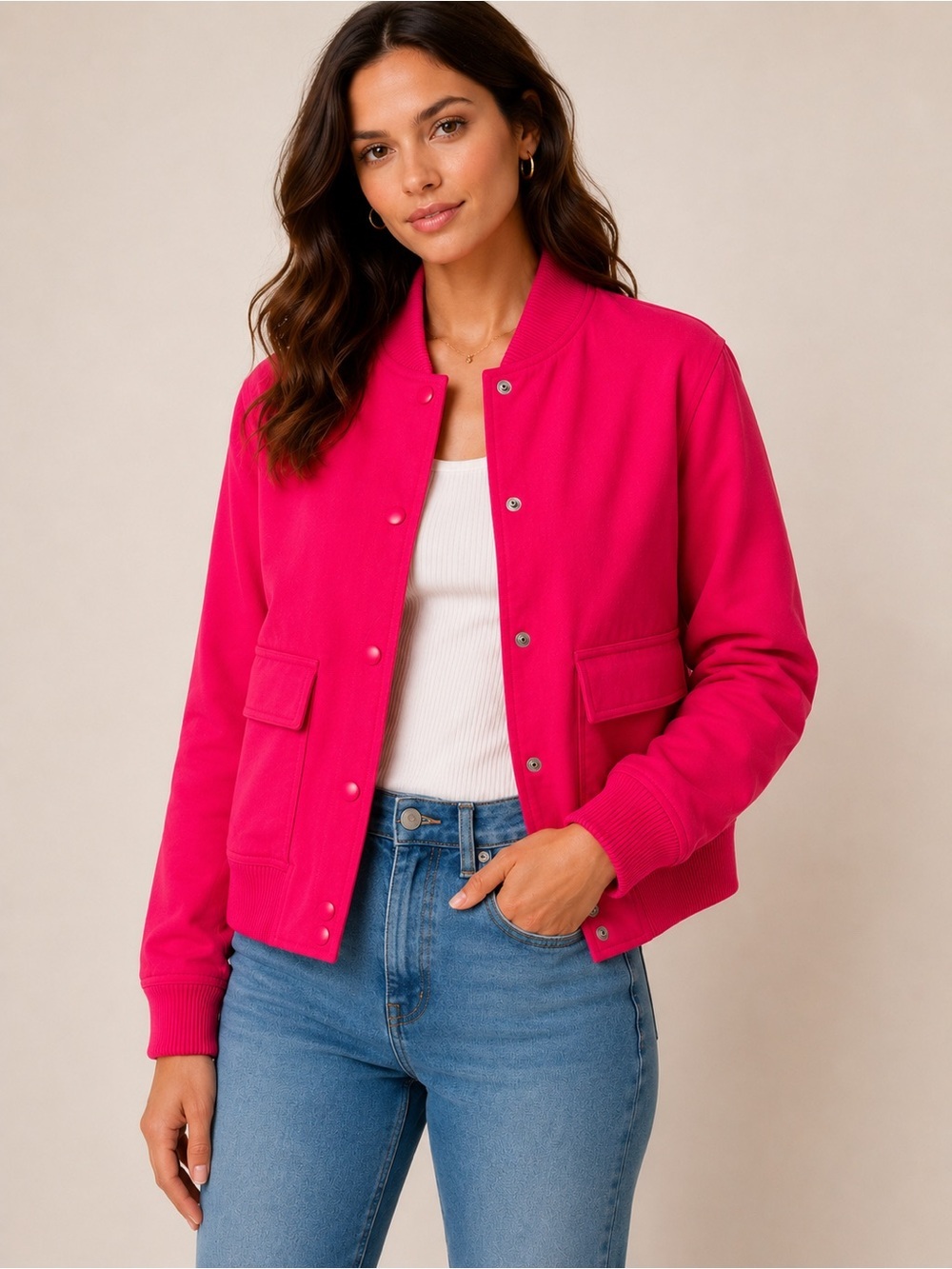 Jason Wu Hot Pink Cropped Bomber Jacket | Snap Front Statement Layer | Size M